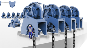 Rendering of high-capacity FPSO mooring deck machinery, including chain pull-in winches and heavy mooring chains, supplied by Kongsberg Maritime for offshore applications.