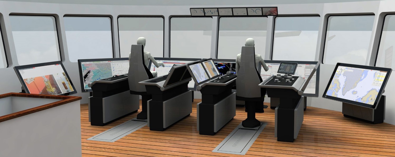 A rendering depicts a futuristic ship bridge with large display screens