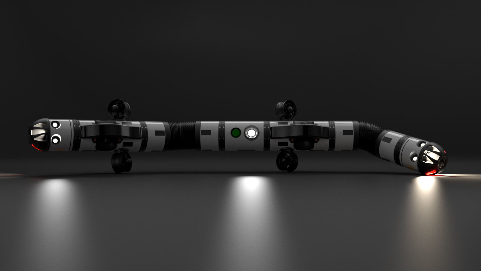 The Eelume robot seen from the side against a dark background.