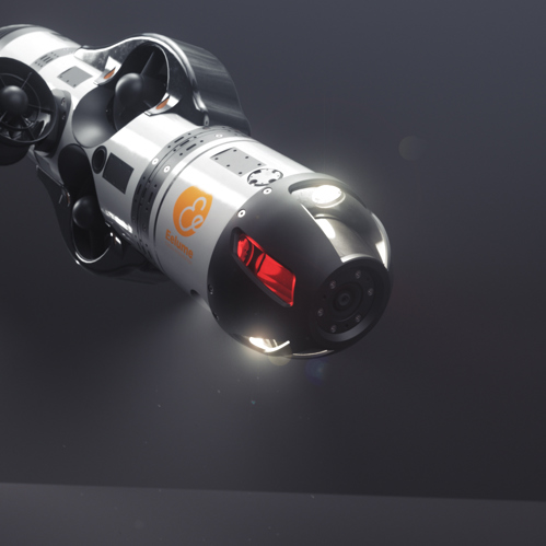 The Eelume robot seen on an angle in front of a dark background.