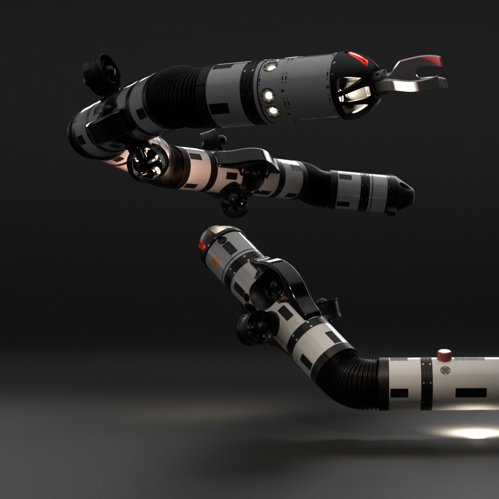 Two Eelume robotos with their lights on against a dark background.