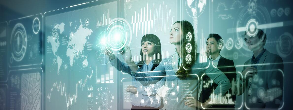 People interacting with digital data visualisations on a transparent touch interface