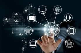 Hand touching a digital sphere interface with connected technology icons