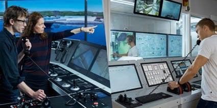A split image showing two maritime control-room environments. 