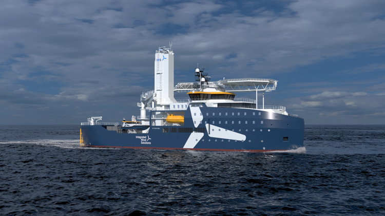 Large offshore support vessel sailing at sea under a cloudy sky, viewed from the starboard side.
