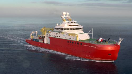 A large red and white research vessel navigating calm ocean waters, equipped with advanced deck machinery and a helipad.