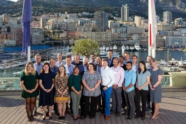 Members of the GEBCO-Nippon Foundation Alumni Team and partners at the International Hydrographic Organization (IHO) in Monaco. The team met with IHO Secretary General Mathias Jonas (front, fifth from right). Credit: Rebecca Marshall
