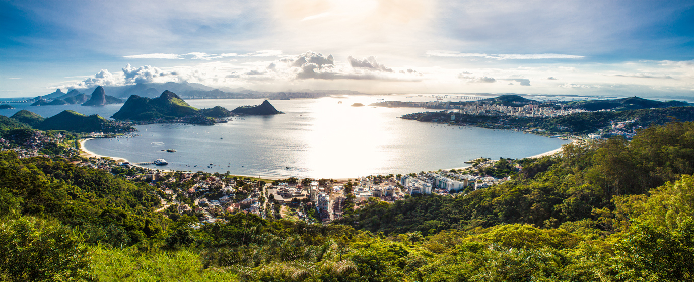 A birds eye view of Niteroi, Brazil, looking out towards the ocean.