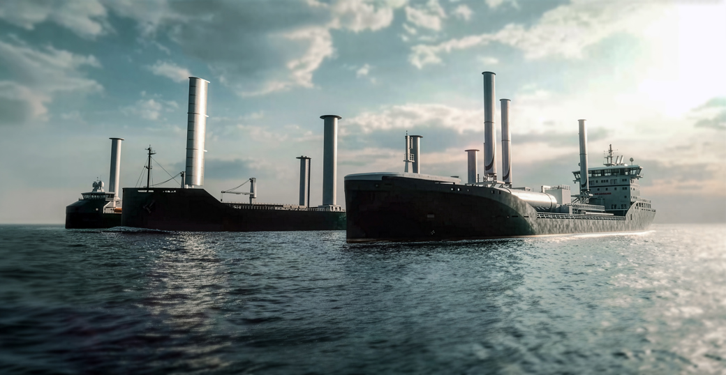 Large vessel at sea fitted with multiple vertical wind-assisted propulsion sails, viewed from the water under a cloudy sky.