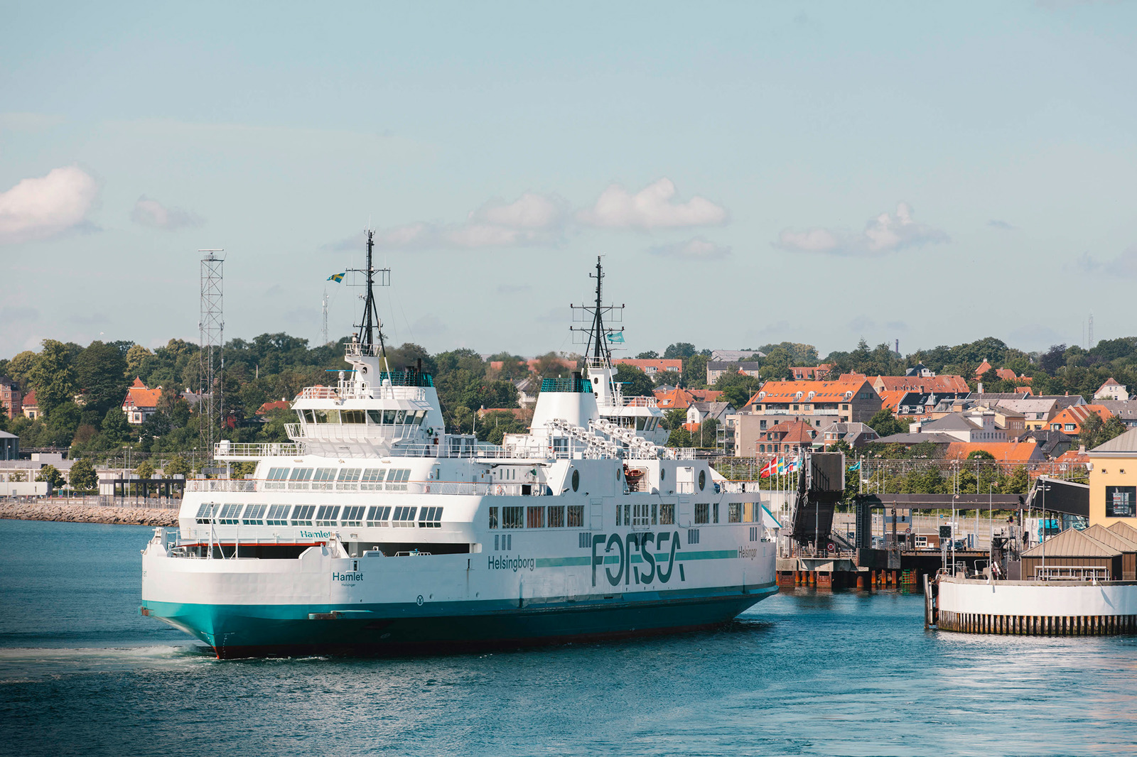 The MF Hamlet ferry docking at the port of Elsinore.
