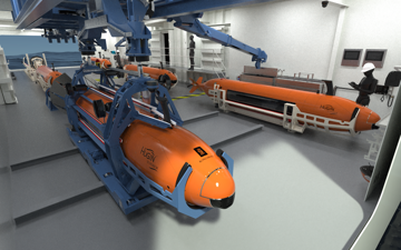 Dedicated AUV hangar onboard a research vessel with multiple HUGIN Superior autonomous underwater vehicles and integrated launch, recovery and handling systems.