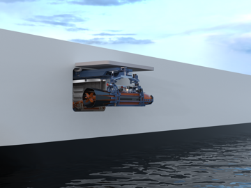 HUGIN Superior autonomous underwater vehicle being launched through a hull-integrated AUV hangar using a subsea docking and launch and recovery system.