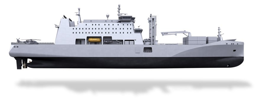 A 2D rendering of a naval auxiliary vessel showing the topsides and hull shape