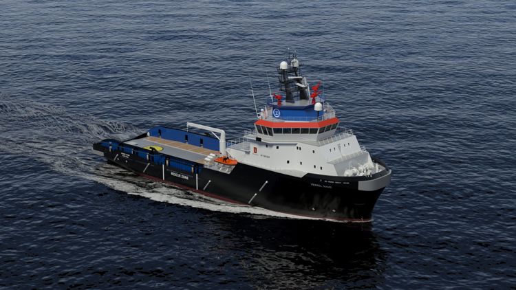 Areal side view of a Kongsberg Maritime UT 722 CDT ship design at sea showing deck layout, bridge, and wake pattern in open water