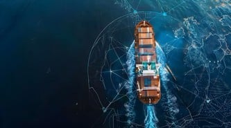 Aerial view of container vessel and data in sea