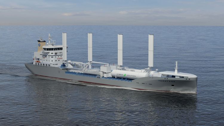 3D rendering of a NVC 615 CT Terntank hybrid tanker vessel at sea with four vertical wind-assisted sails and “Hybrid Solution” tank on deck