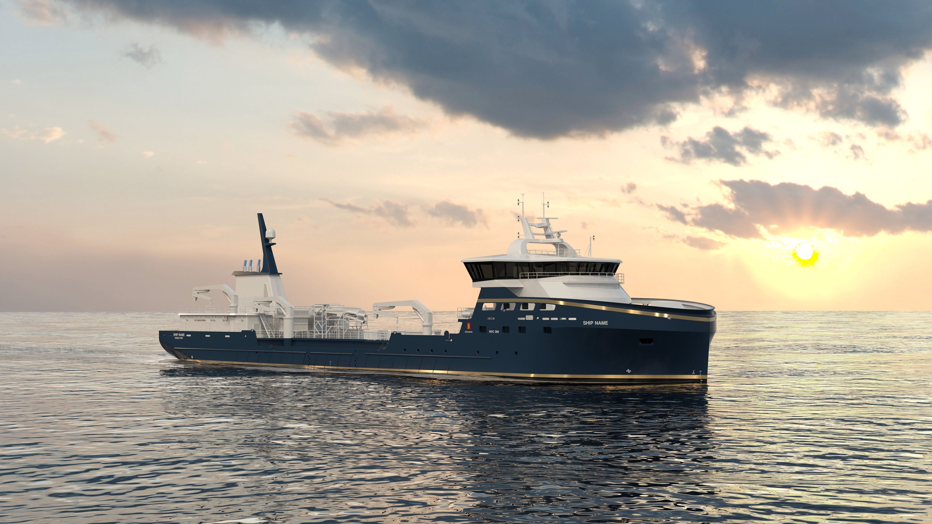 A 3D rendering shows a live fish carrier vessel in calm seas with a sunny sky