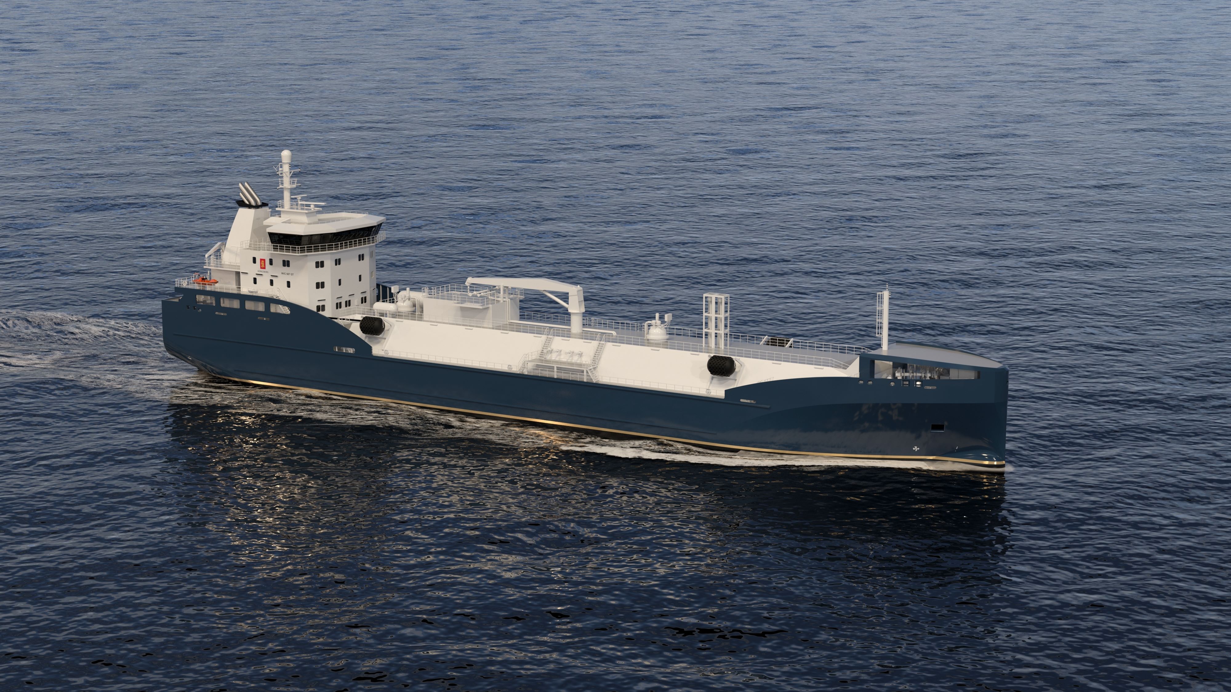 A 3D rendering of a very modern, small scale LNG vessel sailing in calm seas