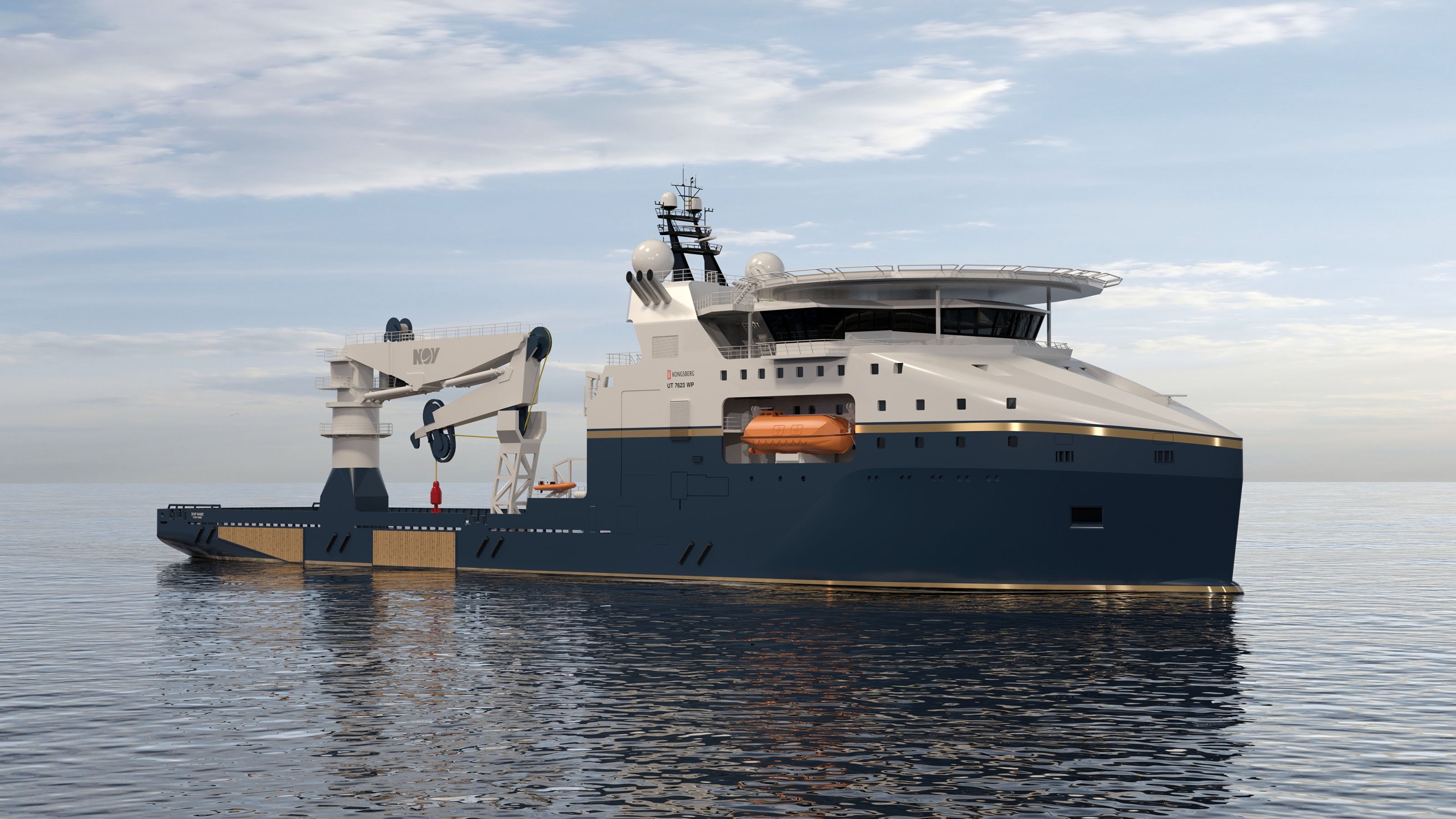 A 3D rendering shows a Subsea Construction and IMR vessel still in calm seas with a clear sky