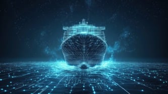 Digital wireframe ship emerging from the ocean, symbolizing maritime digital solutions
