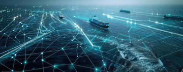 A maritime landscape with several container vessels and a digital pattern overlay.