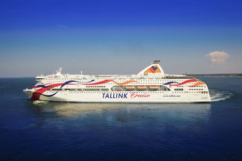 Large passenger vessel labeled “TALLINK Cruise” sailing on calm open water.
