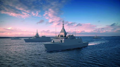 Fleet of advanced naval vessels sailing in formation during sunset, with calm waters and a colorful sky in the background.