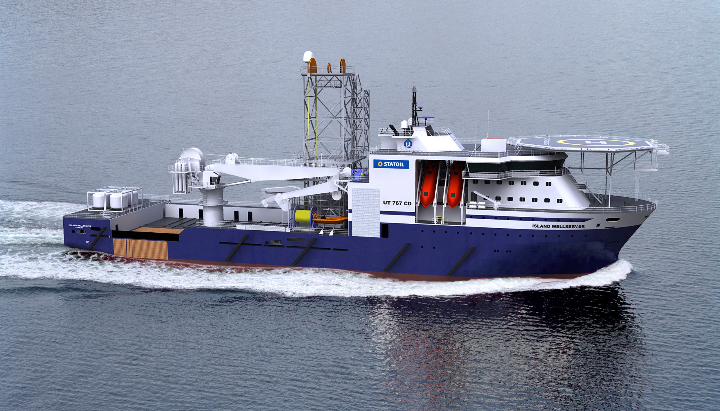 A 3D rendering shows an aerial view of a well intervention vessel motoring in relatively calm seas