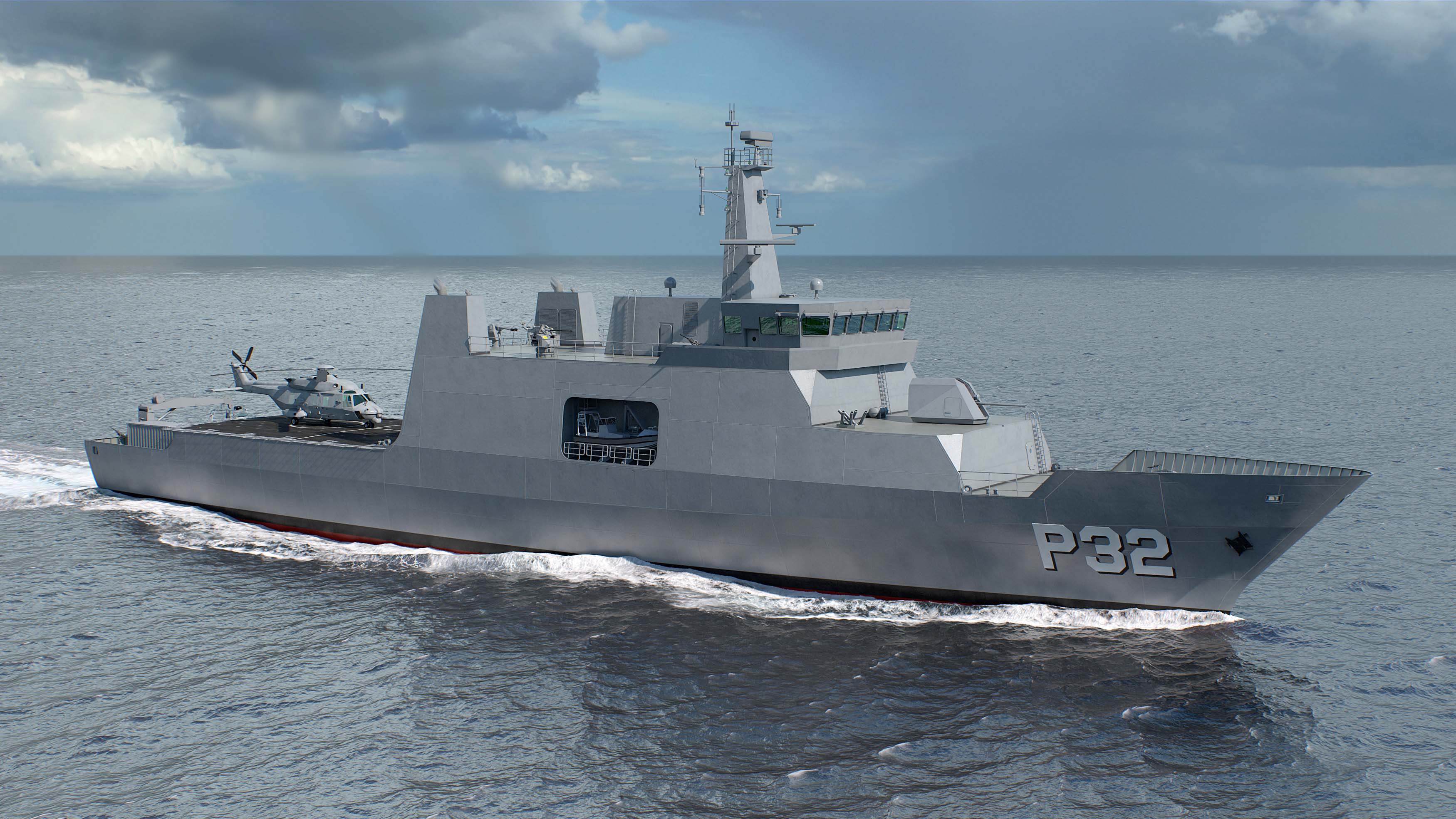 A 3D rendering depicts an offshore naval vessel on patrol in relatively calm conditions at sea