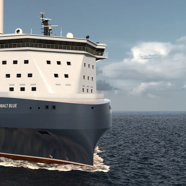 Kongsberg Maritime Container Feeder concept Cobolt Blue seen from infront of the bow.