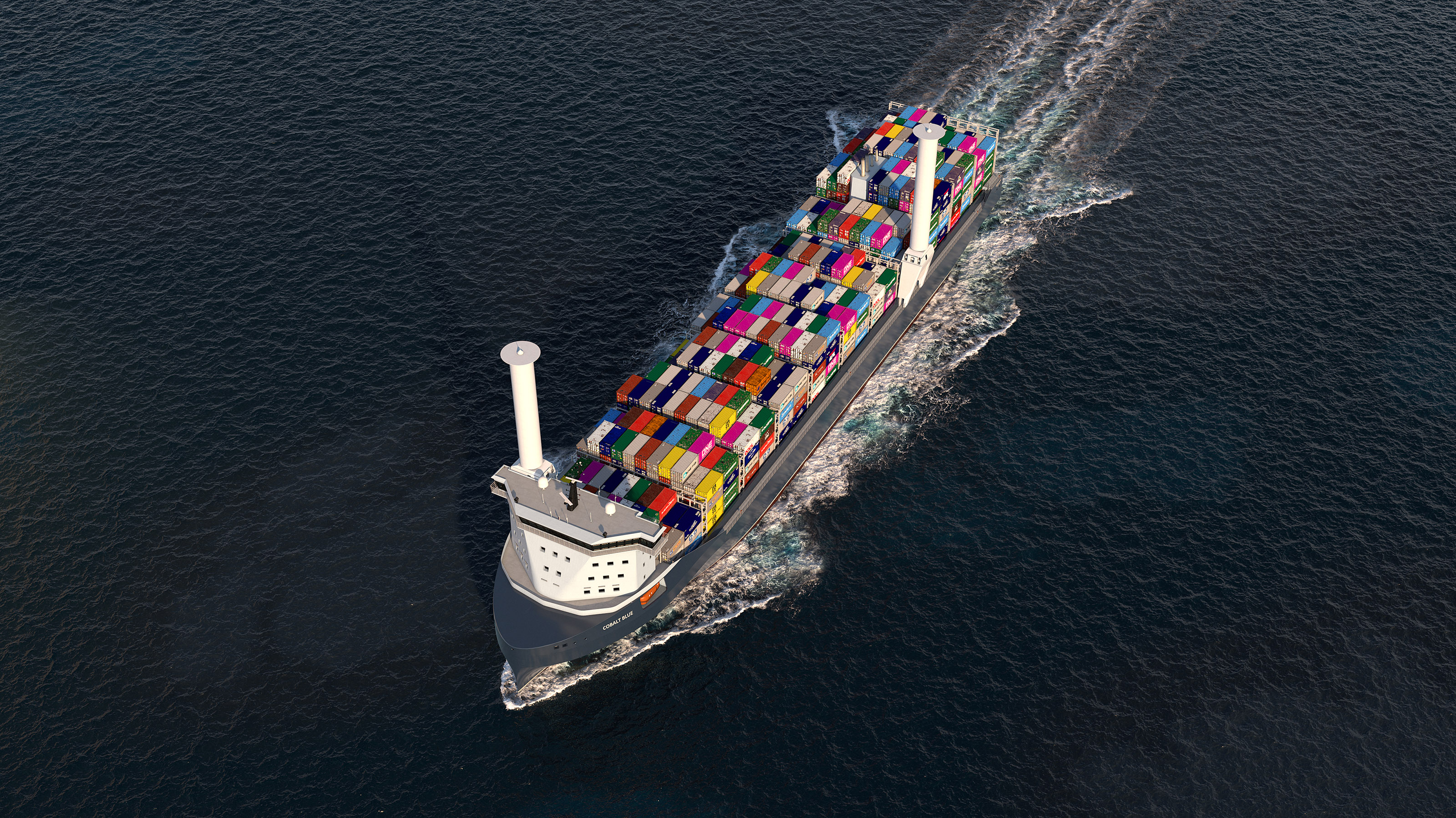 Kongsberg Maritime Container Feeder concept Cobolt Blue at sea from a birdseye view.