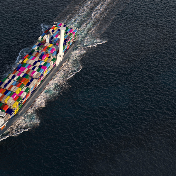 Kongsberg Maritime Container Feeder concept Cobolt Blue at sea from a birdseye view.