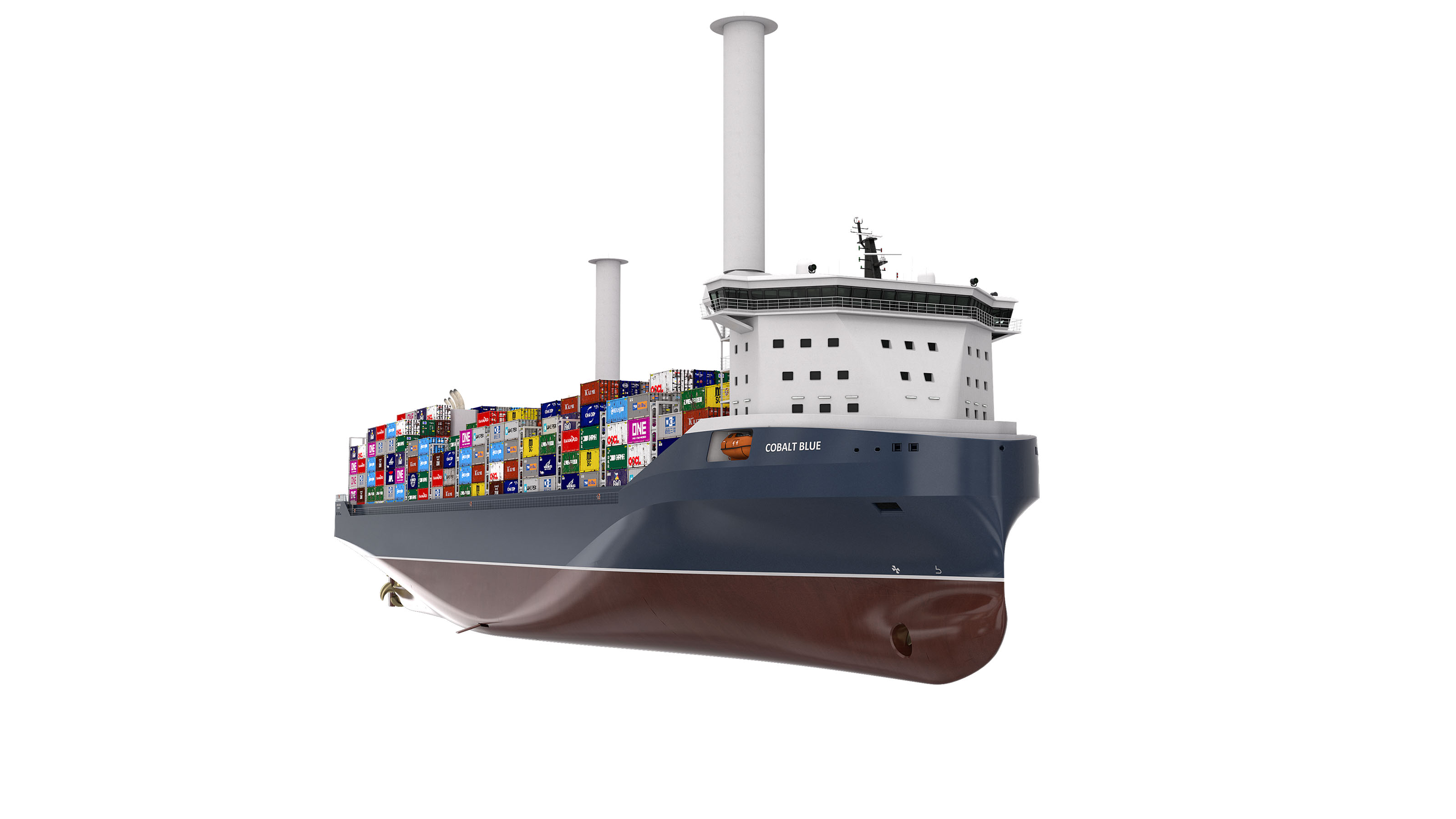A render of Kongsberg Maritime Container Feeder concept Cobolt Blue.