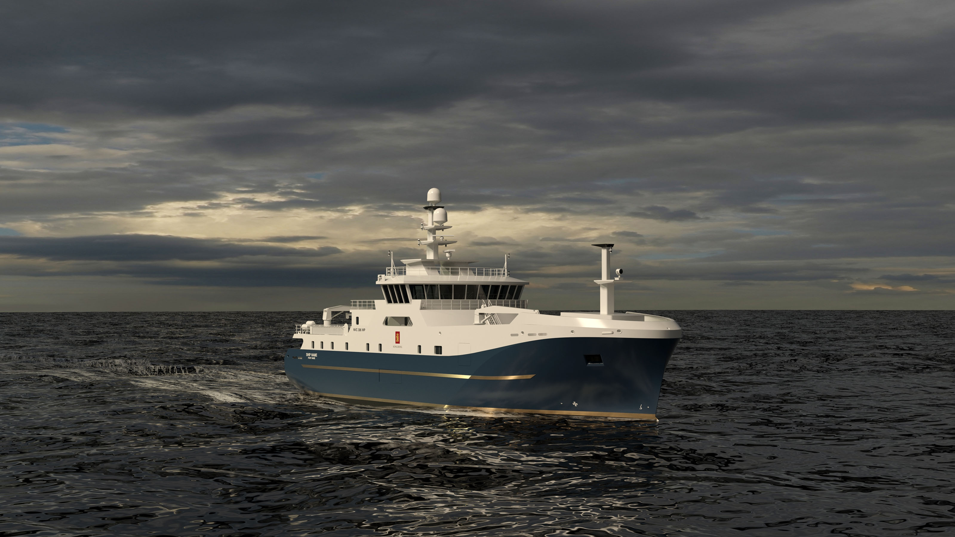 A 3D rendering shows a longliner fishing vessel sailing breezy conditions with clouds in the sky