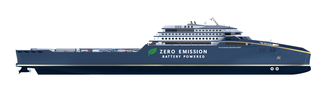 Side view illustration of a large battery-powered cruise ship labeled “Zero Emission Battery Powered.