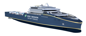 illustration of a large battery-powered cruise ship labeled “Zero Emission Battery Powered.