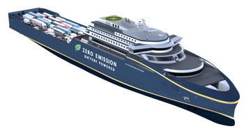 illustration of a large battery-powered cruise ship labeled “Zero Emission Battery Powered.