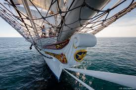 A close-up of the bow of Statsraad Lemkuhl.