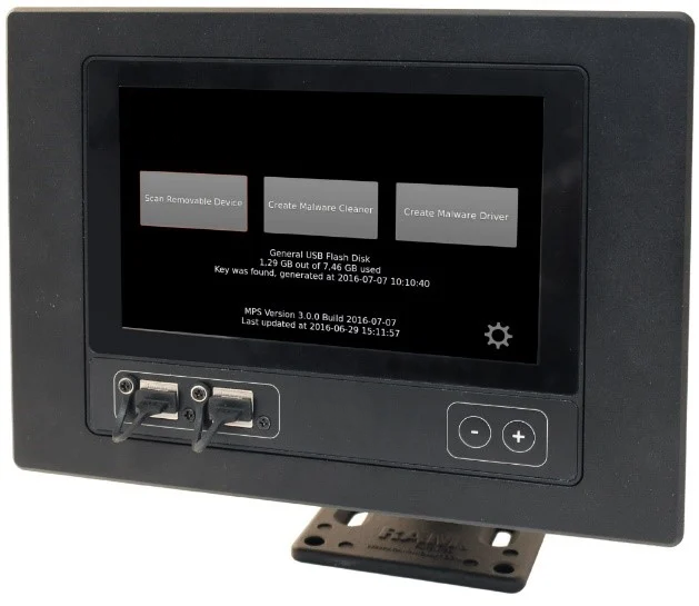 Device displaying a malware scanning interface with two USB ports beneath the screen