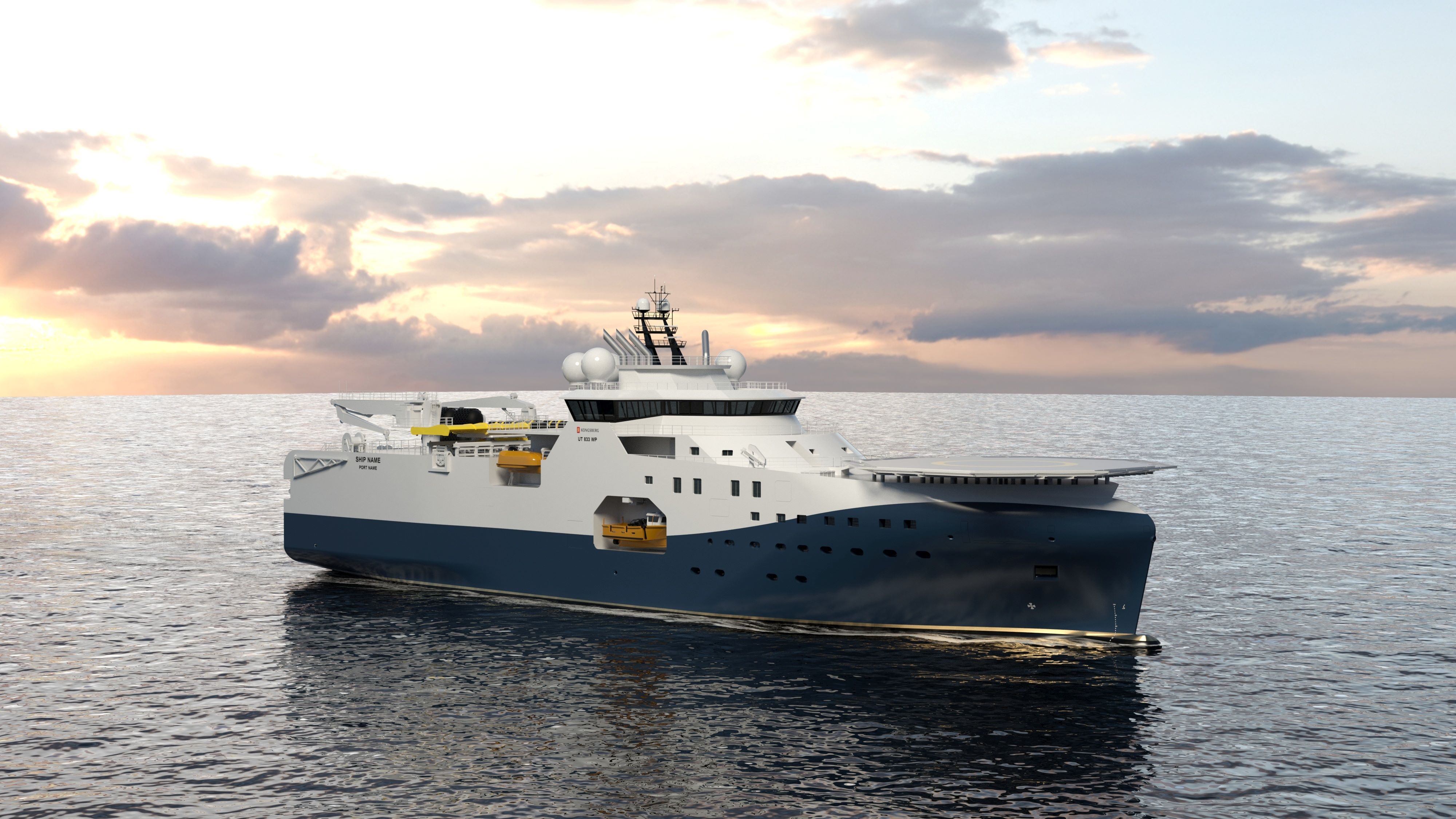 A 3D rendering depicts a Seismic Vessel used by the offshore industry in calm seas with a sunset