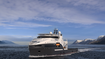 Offshore utility vessel sailing at sea with mountainous coastline in the background under a cloudy sky.