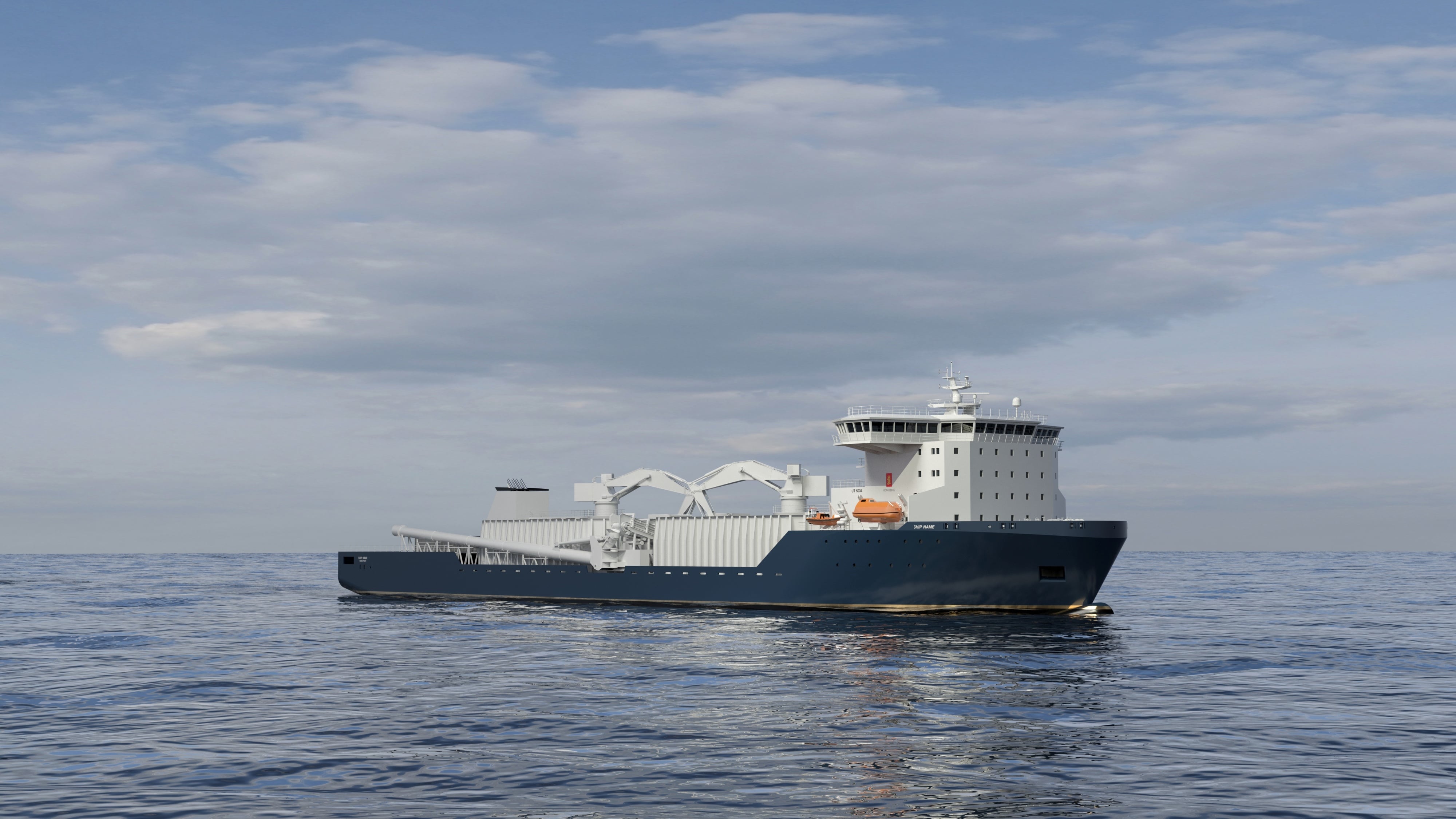 A 3D rendering of a stone dumper vessel design in calm seas with a blue sky background
