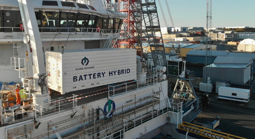 Battery energy storage system container on platform supply vessel deck 