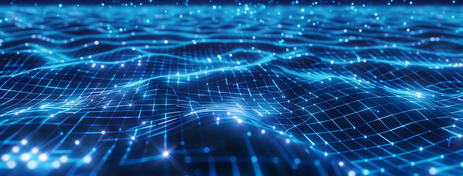 Abstract blue digital surface with flowing grid lines and glowing connection points, representing data and networked systems.