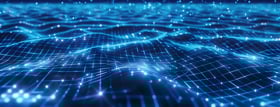 Abstract blue digital surface with flowing grid lines and glowing connection points, representing data and networked systems.