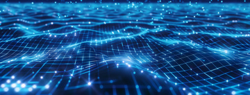 Abstract blue digital surface with flowing grid lines and glowing connection points, representing data and networked systems.