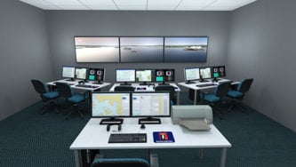 K-Sim VTS simulator for VTS operator training and certification. The image shows illustration of a classroom training system.