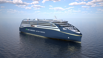 picture of a large battery-powered cruise ship labeled “Zero Emission Battery Powered.