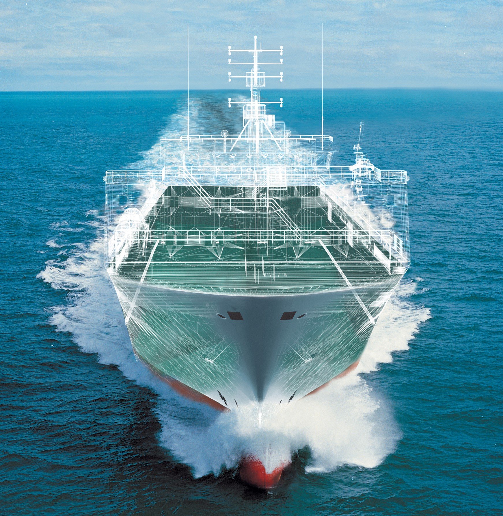 Front view of a ship at sea with a transparent wireframe overlay showing its internal structure