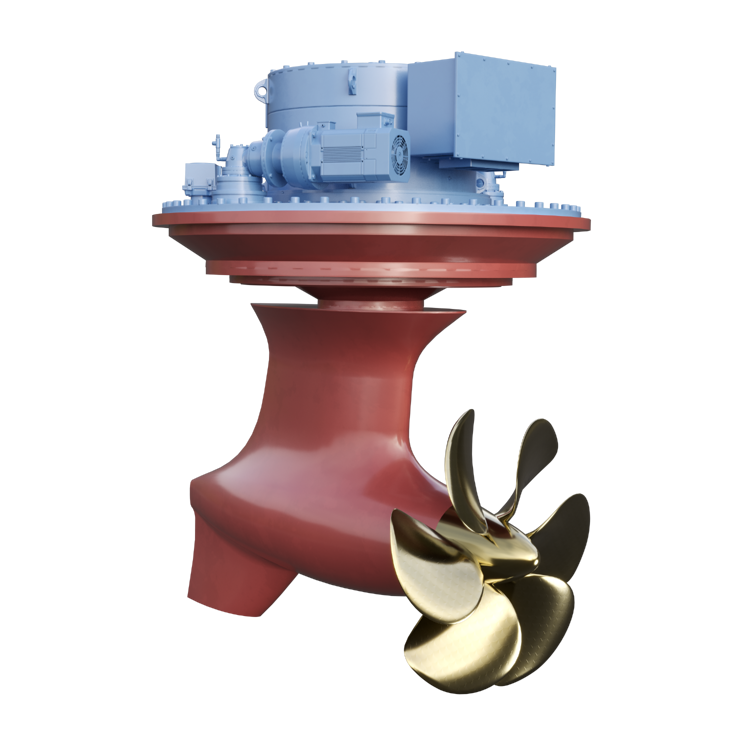 Marine thruster unit with bronze propeller and red underwater housing, isolated on a transparent background.